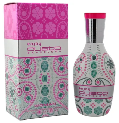 Custo Barcelona Enjoy Woman Eau de Toilette 100 ml mit pinker Verpackung und Flakon mit buntem Muster in Grün und Pink