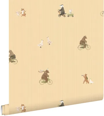 Productafbeelding van ESTAhome behang strepen en dieren geel 50 x 900 cm