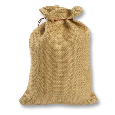A single, empty burlap sack with a drawstring closure.