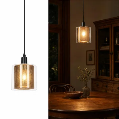 Immagine prodotto di Lampada a sospensione ZMH, ideale per la sala da pranzo, con una luce, attacco E14, stile retrò, realizzata in vetro e metallo, disponibile nei colori nero e oro. Perfetta per illuminare la sala da pranzo, la cucina, il soggiorno o la sala da pranzo