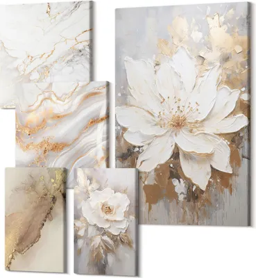 Obrázok produktu pre Obrazy Na Plátne – 5-Dielna Zostava – Polycanvas – Moderné Obrazy – Dekorácia Na Stenu – Do Obývačky – Abstraktné Obrazy – 2x 30x30 cm + 2x 20x30 cm + 1x 40x60 cm – Kvetinové kompozície v elegantnom, modernom štýle