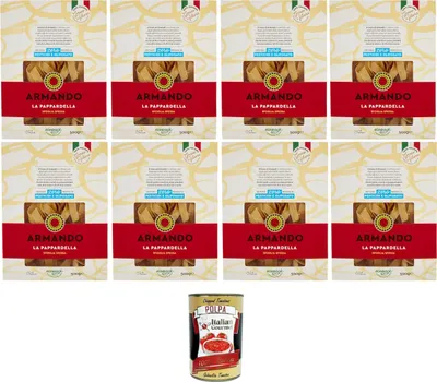 Produktbild von Armando La Pappardella Italienischer Weizen Bronze gezeichnet 100% Italienische Pasta 8x500g Italian Gourmet Polpa di Pomodoro 400g
