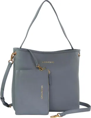 A studio shot of a gray handbag with a detachable pouch.