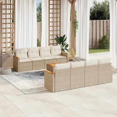 Produktbild von Design 9-tlg. Garten-Sofagarnitur mit Kissen Beige Poly Rattan, Gartenmöbel-Sets 2024 Neu