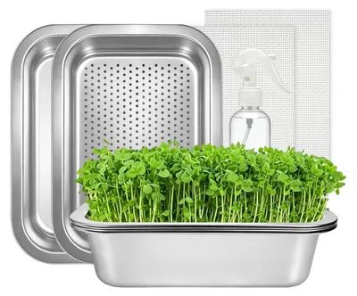 Produktbild von Keimgerät Keimgemüse Anzuchtschale Edelstahl - 2-in-1 - Silikonsieb - 26 x 19 cm - Set mit 2 Schalen