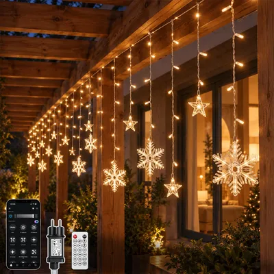 Image de Guirlande lumineuse de Noël de 2,3 mètres, avec 150 LED, motif flocons de neige et étoiles, pour décoration de fenêtre. 12 brins, 16 modes, contrôle via application, minuterie, fonction de sauvegarde. Éclairage de Noël