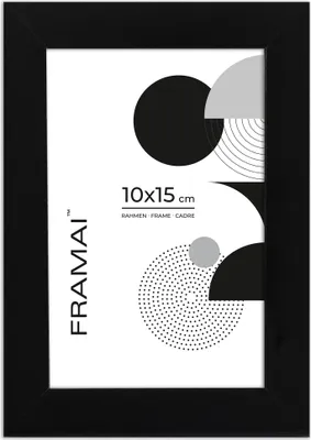 Immagine prodotto di Cornice Framai® 10x15 cm, MDF nero ecologico con plexiglass infrangibile, gancio e supporto