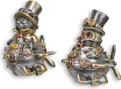 Produktbild von Paar Steampunk-Figuren Eule und Katze aus Kunstharz Replikat Retro Design Dekoration