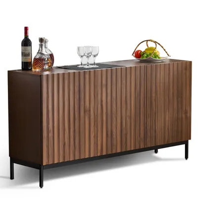 Obrázek produktu pro Dub tmavý žilkovaný, příborník, dekorativní skříň Mid-Century Modern, 3 dvířka, vlnitý 3D design, nastavitelné police, pojistka proti převrácení – stylový