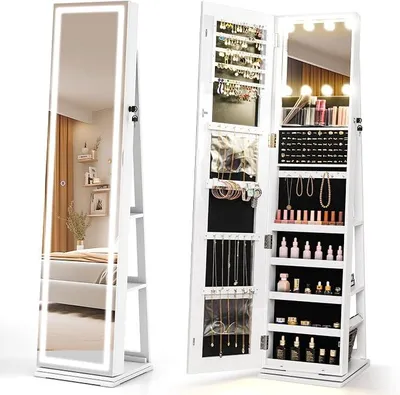 Imagen del producto de Armario giratorio de 360° para joyas, armario espejo independiente con luces LED en 3 colores, armario para joyas con espejo de cuerpo entero, organizador de joyas para dormitorio (blanco)