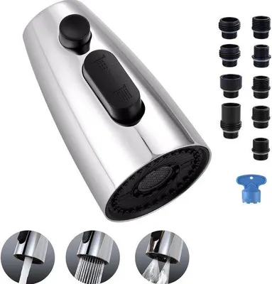 Produktbild von Wasserhahn Strahlregler - 9 Aufsätze - 3 Strahlarten - Wassersparender Wasserhahnaufsatz - Für Küchenarmatur, Bad und Spüle - Silber