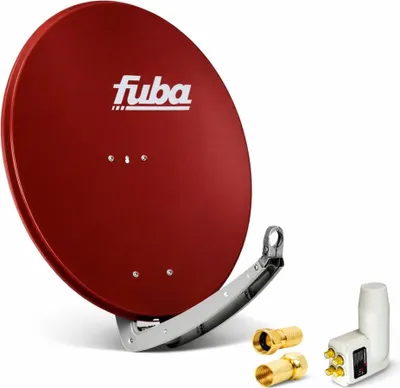 A red satellite dish with its accessories on a white background.