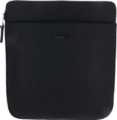A black Lacoste crossbody bag is shown against a white background.