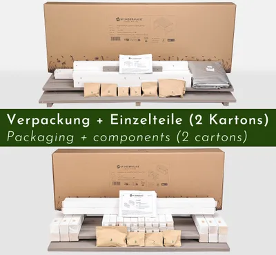 Produktbild von WONDERMAKE® Sitzgruppe Sitzgarnitur Holz Outdoor Garten Balkon 4 Personen, Essgruppe Essgarnitur draußen außen, Set: Tisch Sitzbank Hocker, weiß grau