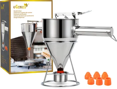 Image de eGenuss 1 entonnoir en acier inoxydable pour crêpes + 7 buses différentes + support fixe avec collecteur de pâte + sac | Portionneur de pâte avec mesure graduée | 1200 ml