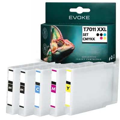 Image de Encres compatibles Evoke pour les modèles Epson T7011, T7012, T7013, T7014, format XXL, 4 couleurs CMJN : Noir, Cyan, Magenta, Jaune, contenance 178 ml. Compatibles avec les imprimantes WorkForce Pro WP-4015DN, 4020, 4025DW, 4095DN, 4515DN, 4520, 4525DNF, 4530, 4533, 4535DWF, 4540, 4545DTWF, 4590, 4595DNF, Image générée par une IA