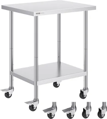 Produktbild von VEVOR Arbeitstisch aus Edelstahl, Zubereitungstisch mit 4 Rädern, 3 einstellbaren Höhenstufen, 610 x 762 x 954,6 mm Küchentisch Arbeitstisch zur Lebensmittelzubereitung für gewerbliche Restaurants