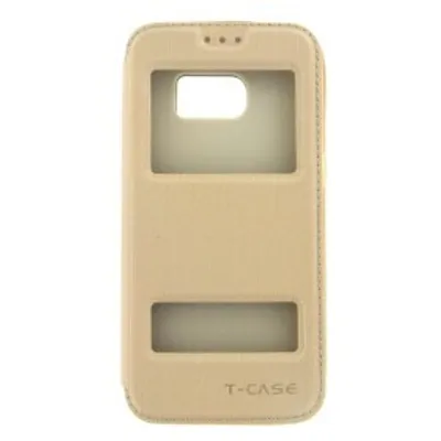A beige flip case for a smartphone, shown front-on against a white background.