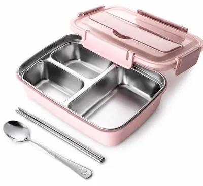 Zdjęcie produktu dla VHV - Lunchbox typu Bento z 3 przegródkami - Stal nierdzewna, szczelna pokrywka - Idealna dla studentów, do pracy i w podróży - Różowa