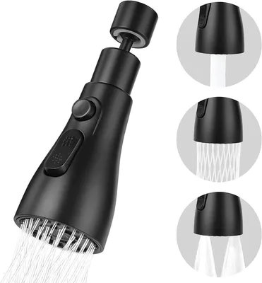 A black faucet sprayer head with water spraying from it, shown with inset images demonstrating different spray modes.