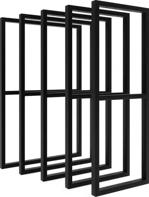 A product shot of multiple black metal frames arranged in a row against a white background.
