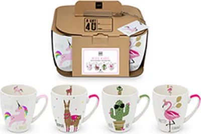 Produktbild von 4 Kaffeebecher "Pink Unicorn & Friends" Einhorn Lama Flamingo Kaktus,  Tasse Tiere Tier Geschenkset