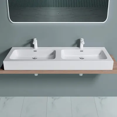 Produktbild von doporro Doppelwaschbecken BTH: 140x48x13cm Partner-Waschbecken aus Gussmarmor Weiß Hochglanz Colossum830