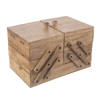 A wooden sewing box with two compartments on top and tiered drawers on the sides.