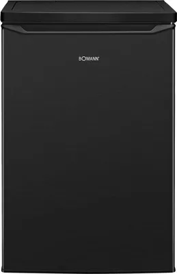 A studio shot of a black Bomann refrigerator.