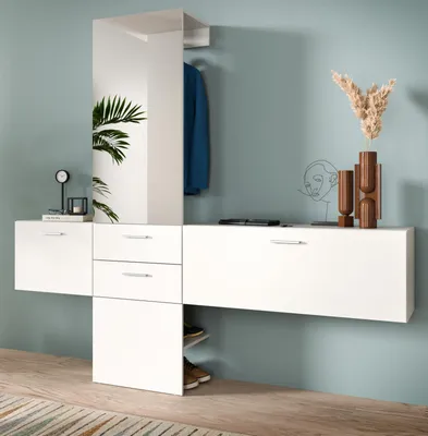 Produktbild von Garderobe Set 3-teilig "Carry" in weiß, Flurgarderobe mit Spiegel und Stauraum