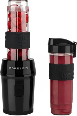 Produktbild von Mini-Blender, tragbarer Mixer, Smoothie MOOV9, 2 Trinkflaschen à 570 ml mit Reiseverschluss, 4 Edelstahlklingen, 300 W, spülmaschinengeeignet, Schwarz