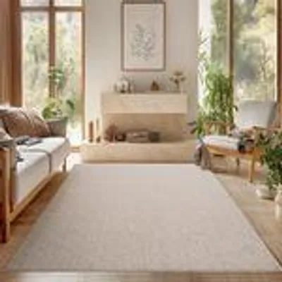 A living room scene with a sofa, rug, and fireplace.