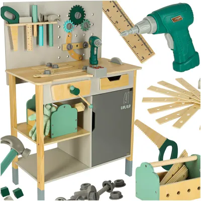 Produktbild von LULILO Fikso Holzwerkstatt – Set für kleine Heimwerker mit Werkzeugen (Säge, Schraubendreher, Geräusche), 86 cm