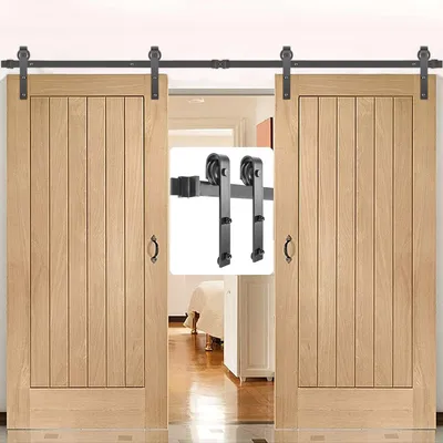 Produktbild von Schiebetürsystem für Doppeltüren mit einer Breite von 335 cm, gefertigt aus Kohlenstoffstahl, mit einer Tragfähigkeit von 150 kg und inklusive Führungsschienen