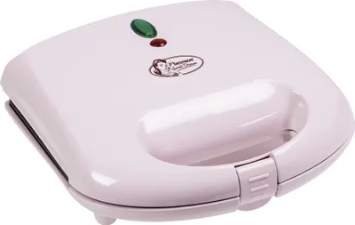 A closed white sandwich maker with a handle and indicator lights on top.