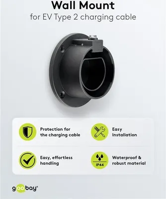 Produktbild von Goobay Wandhalterung für Typ-2-Ladekabel Elektrofahrzeug, Schwarz, Draußen, 98 mm, 40 mm, 98 mm, 85 g