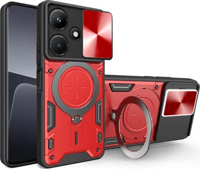 Produktbild von Handyhülle für Infinix Hot 30i Dual-Layer Stoßfest Rüstung Hülle mit Dia Kameraschutz und Kreisförmig Ring Ständer Rot