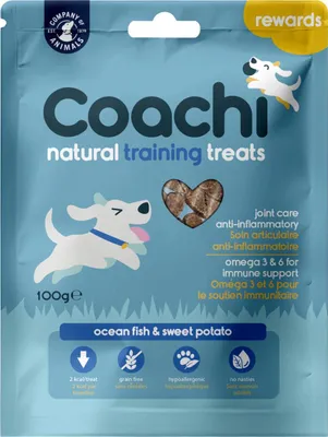 Imagen del producto de Coachi, galletas para perros sabor pescado, 100g, sin cereales, hipoalergénicas, bajas en calorías, ideales como premios para el entrenamiento