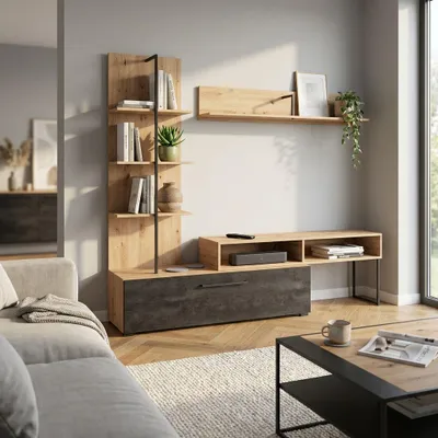 Immagine prodotto di Milani Home - parete attrezzata soggiorno con anta e mensola, antracite e rovere chiaro, 205 x 42 x 173 cm