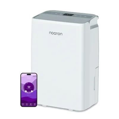 A white dehumidifier with a smartphone displaying its app interface is shown against a white background.