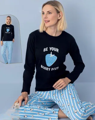 Produktbild von Damen Pyjama Schlafanzug Schwarz L Lang Warm 2-Teiler Set C-88