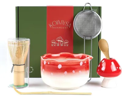 Immagine prodotto di Set per matcha, design "Pilz" (fungo), colore rosso, Vetroceramica, bambù, 5 pezzi