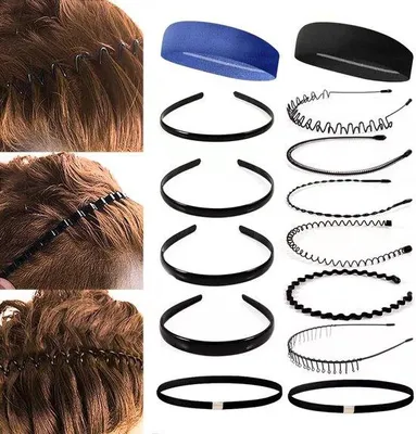 Produktbild von Unyqoos® Haarband-Set 14-teilig – 5 schwarze Metall-Haarreifen, 4 rutschfeste Sport-Stirnbänder, 5 gewellte Haarbänder, elastisch, für Damen Herren Jungen