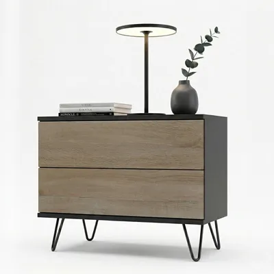 Produktbild von InnoFurn Nachttisch Aura, 2 Schubladen, Push-to-Open, Schwarz matt/Eiche Sägerau, 60 x 43 x 35 cm