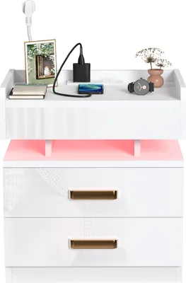 Produktbild von Nachttisch mit LED & Ladefunktion,Beistelltisch mit 2 Schublade,Weiß Hochglanz Nachtkommode Nachtkommode Sofatisch für Schlafzimmer 45x35x52cm