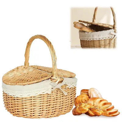 Produktbild von 1 Stück Aufbewahrungskorb, Picknickkorb mit Deckel & Griff, im Vintage-Stil, leer, ideal für Picknick & Camping, 40×30×19 cm