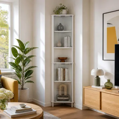 Produktbild von Eckvitrine 173 cm hoch, Glasvitrine Weiß mit gehärtetem Glastüren, Sammelvitrine für Wohnzimmer, Vitrinenschrank mit Magnetverschluss & Kippschutz