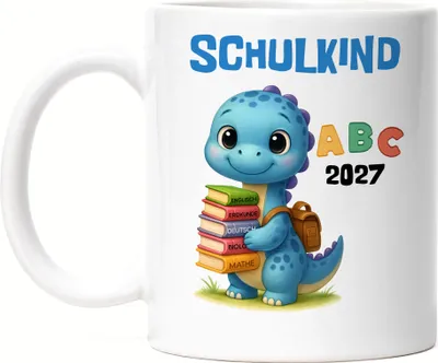 Produktbild von Schulkind 2027 Tasse Weiß Dino – Klassische Geschenkidee Einschulung, Kinder-Tasse ABC Motiv Jungen Erstklässler