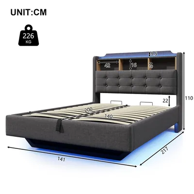Produktbild von okwish Polsterbett 140x200 cm mit LED-Lichtleiste,Jugendbett mit USB- und Typ-C-Anschlüsse,Doppelbett mit hydraulischer Stauraum,schwebendes Design,Grau(ohne Matratze)