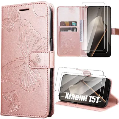 Image de Coque + 2 Verres Trempés pour Xiaomi 15T, Protection Anti-Rayures Effet Cuir Rose Motif Papillon